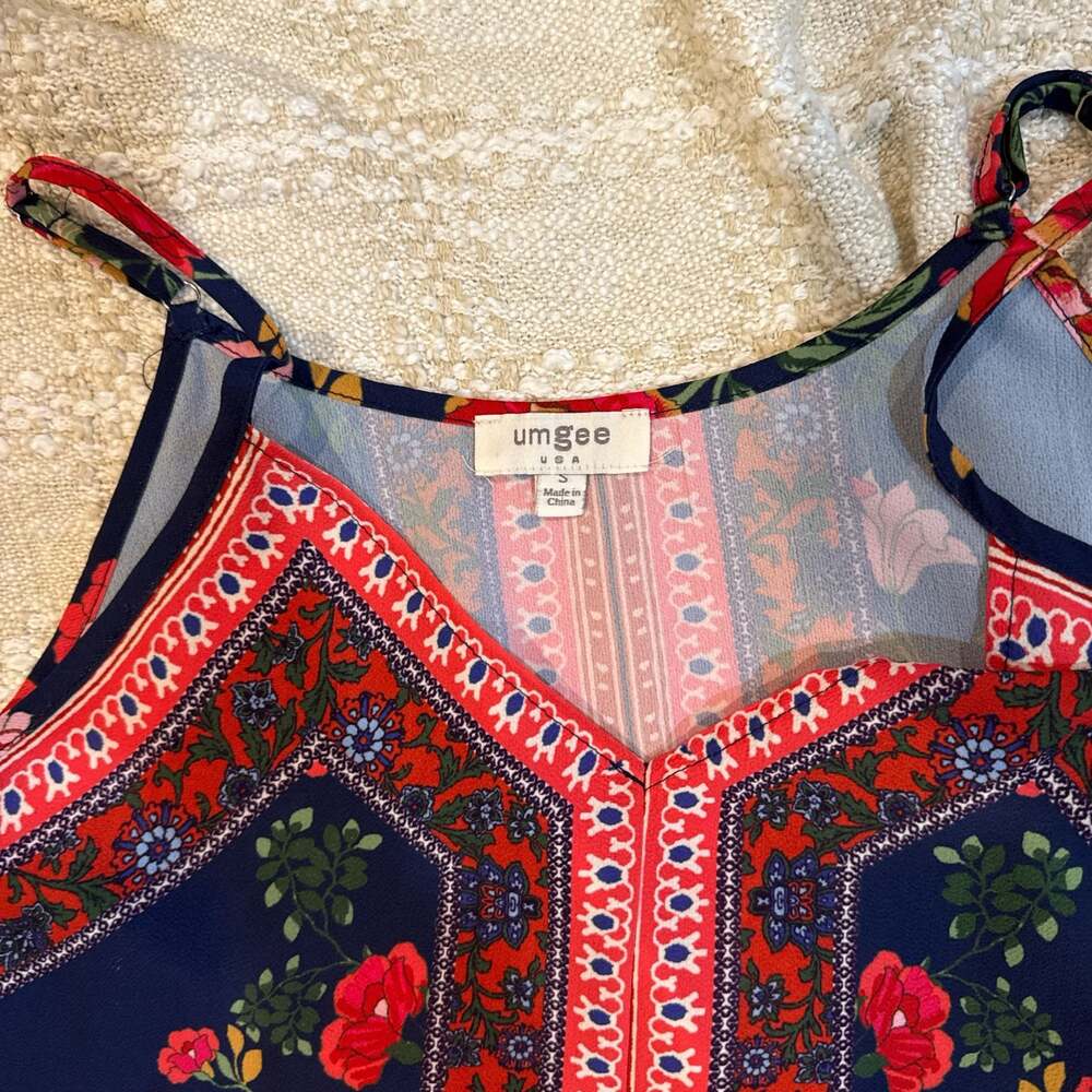 Umgee Floral Boho Tie-Front Cami Tank Top Navy Red Size S